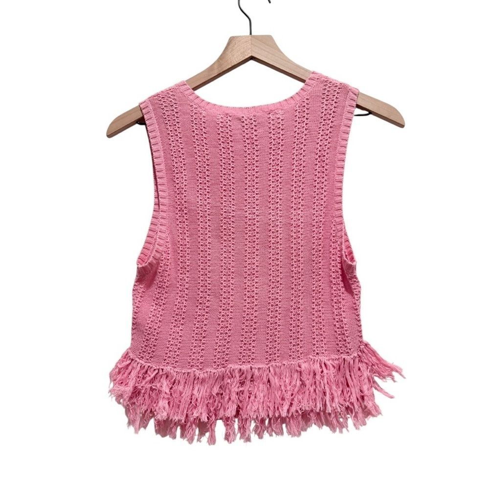 Rachel Antonoff Pink Fringe Knit Top Pima Cotton Sleeveless Sweater Vest M/L - Picture 2 of 6